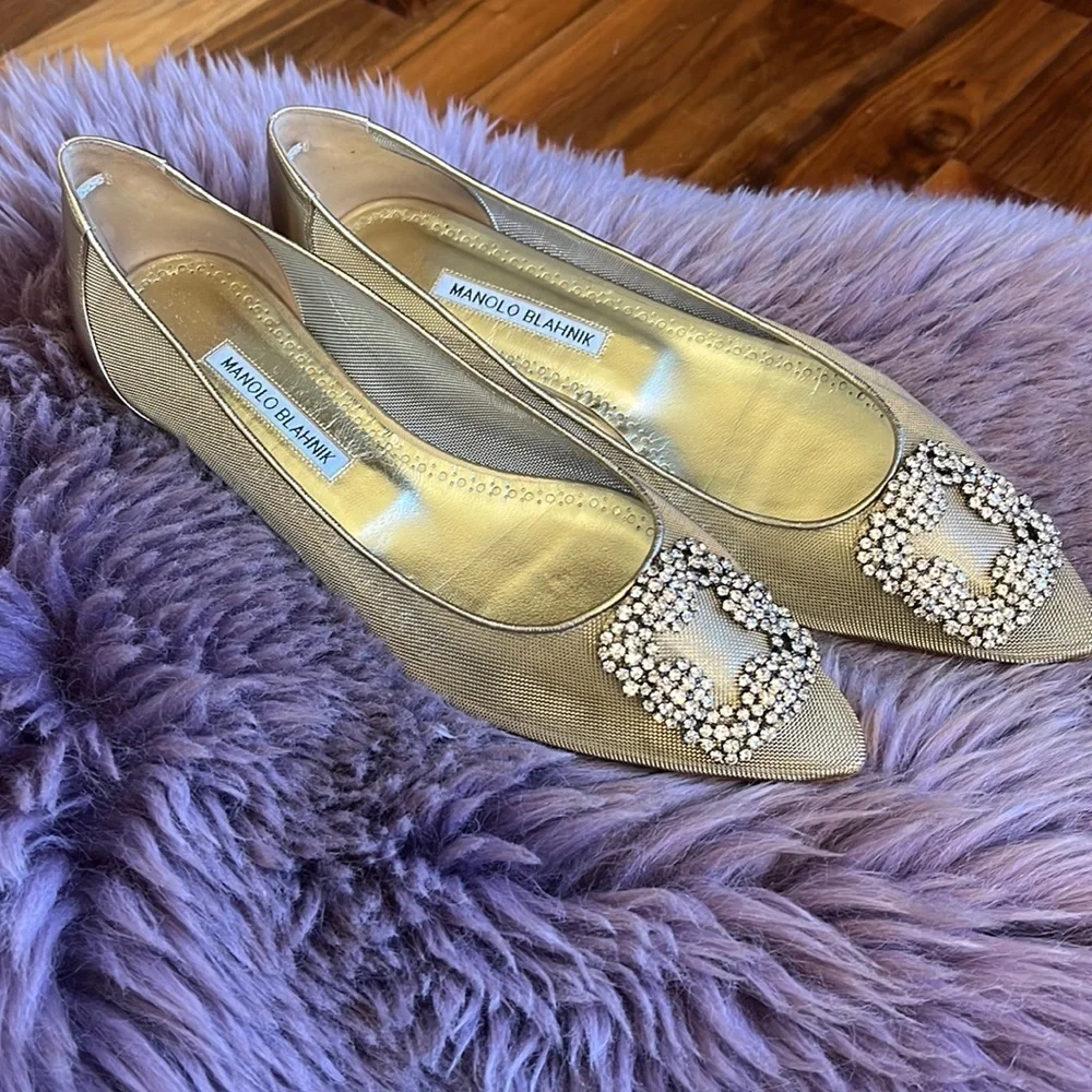 Manolo blahnik Hangisi Chrystal Buckle Gold Mesh Flats, 50th anniversary, NEW - Picture 3 of 17